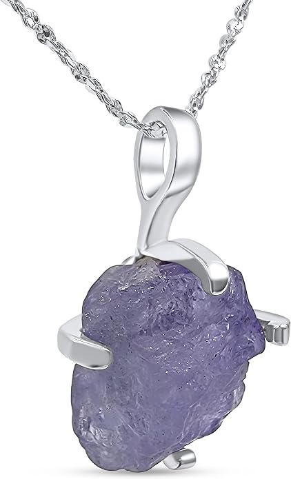 Natural raw gemstone pendant chain necklace with white gold over 925 solid sterling silver, birthstone dainty solitaire gift for her, uniquelan jewelry