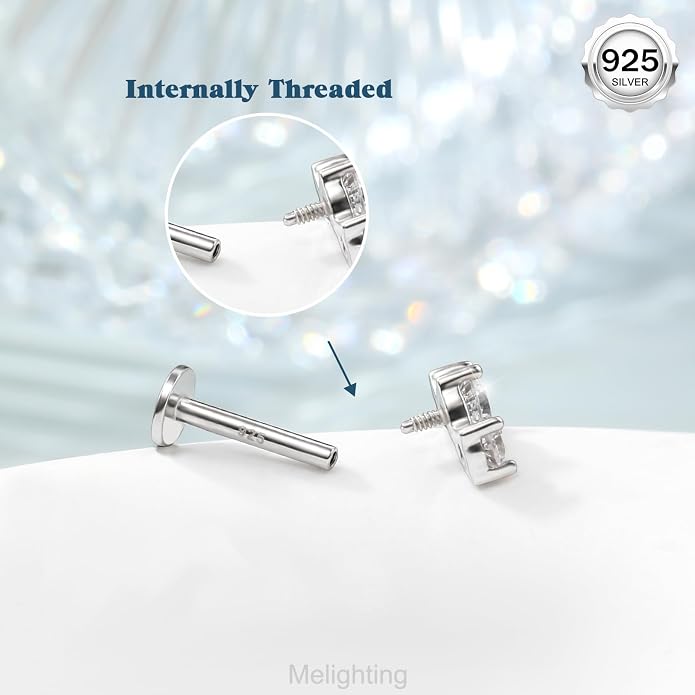 Melighting 16G Curved Helix Earring, Sterling Silver 925 Tragus Conch Stud Internally Threaded, Clear Marquise Round CZ Flat Back Lobe Labret Cartilage Piercing Jewelry for Women 6/8 mm