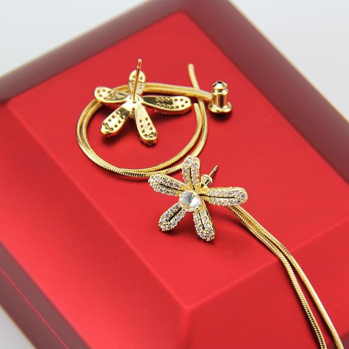 14K Gold Plated Flower Dangle Earrings for Women, Hypoallergenic Cubic Zirconia Long Threader Chandelier Earrings, Elegant Crystal Jewelry for Wedding Bridal Prom Party Gifts