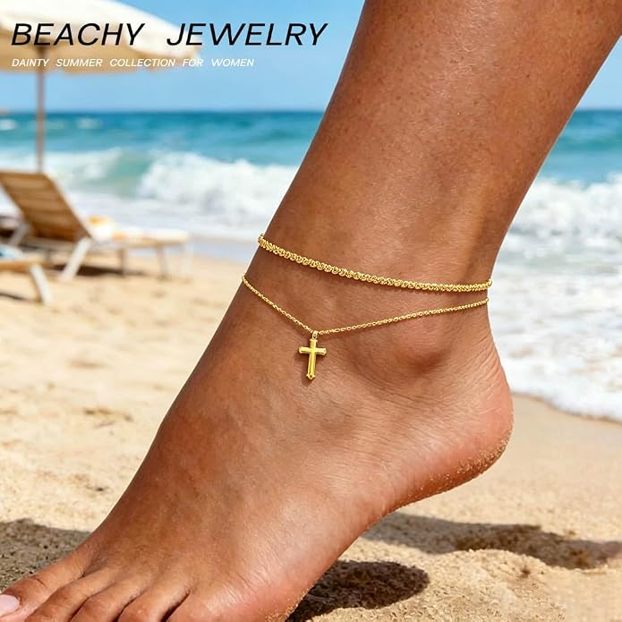 Yalice 925 Sterling Silver Ankle Bracelets for Women Dainty 14K Gold Plated Anklets Set Shiny Waterproof Ankle Chain Cross Beach Foot Jewelry Gifts