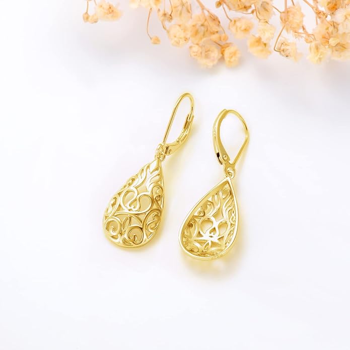 VONALA Filigree Teardrop Earrings for Women Sterling Silver Filigree Teardrop Dangle Earrings Filigree Leverback Earrings for Women Birthday Gift