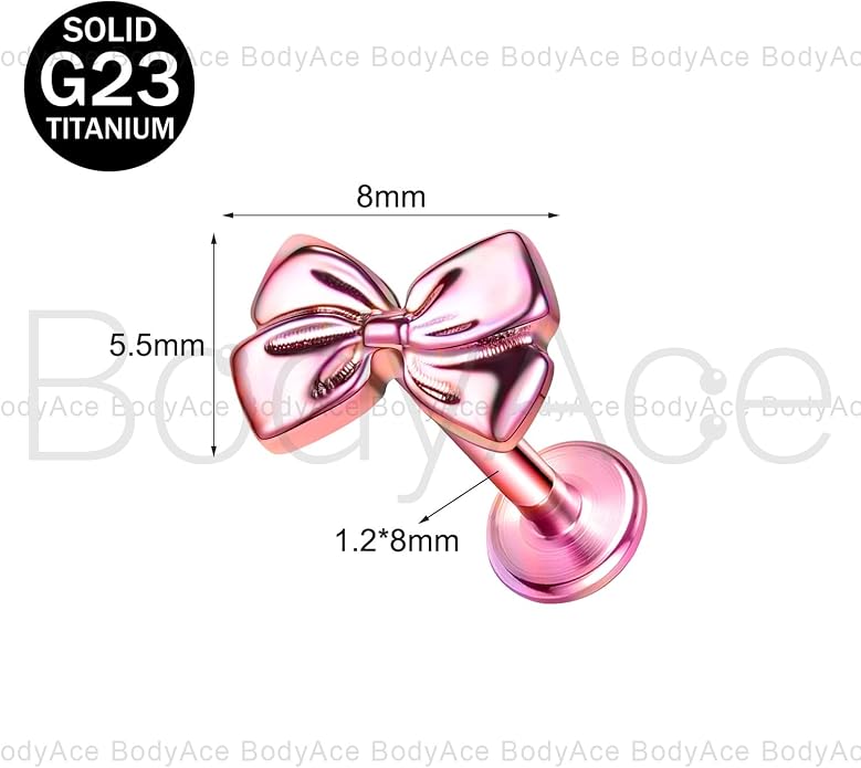 F136 Titanium Body Piercing Studs, Internally Threaded Star Lip Ring Bow Conch Tragus Stud, 16G Flat Back Cartilage Earring Studs with Piercing Taper