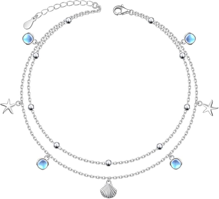 Ladytree S925 Sterling Silver Boho Beach Double Layer Anklets Bracelet for Women Adjustable 9 to 11 inches