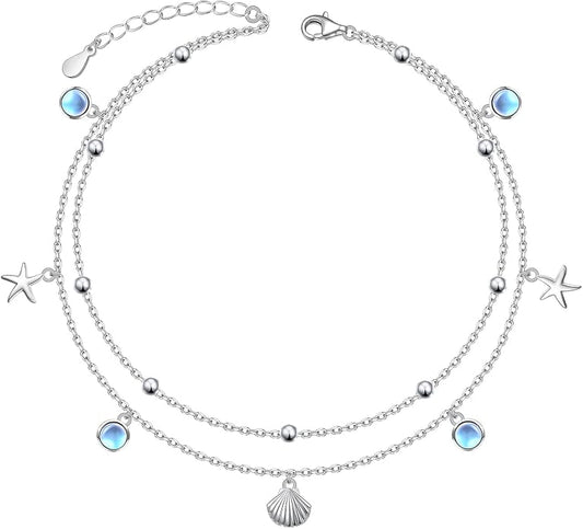 Ladytree S925 Sterling Silver Boho Beach Double Layer Anklets Bracelet for Women Adjustable 9 to 11 inches