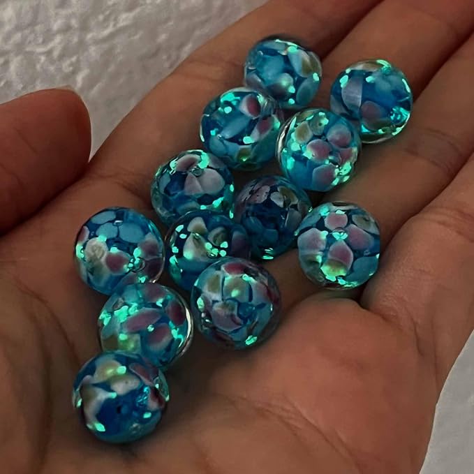 Artsy Crafts 12 Pcs Lily Flower Glow in The Dark Firefly Beads, 12mm European Lampwork Luminous Glass Beads for Jewelry Making Charm Bracelet Necklace Earrings Crafts (Lily - Blue)