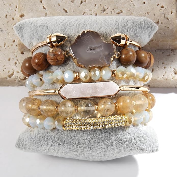 Yomisa 5PCS 6PCS Natural Boho Beaded Bracelets/Bangle for Women Men,Healing Turquoise Jasper Agate Crystal Gemstone Stone Chakra Multilayer Wrap Bohemian Handmade Jewelry Beads Stretch Bracelet Set