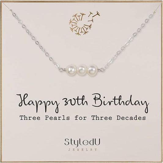 Pearl Birthday Necklace for Women, Sterling Silver Freshwater Pearl Bar Necklace, 30th 40th 50th 60th 70th Milestone Birthday Gift for Her, Meaningful Handmade Jewelry