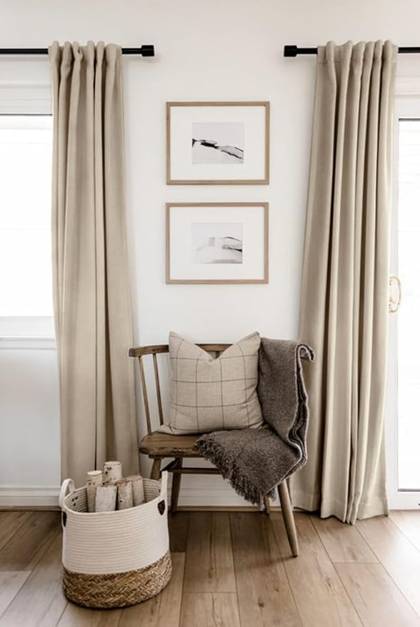 100% Blackout Shield Linen Blackout Curtains for Bedroom 63 Inches Long, Back Tab/Rod Pocket Living Room Drapes, Thermal Insulated Blackout Curtains 2 Panels Set, 50" W x 63" L, Oatmeal