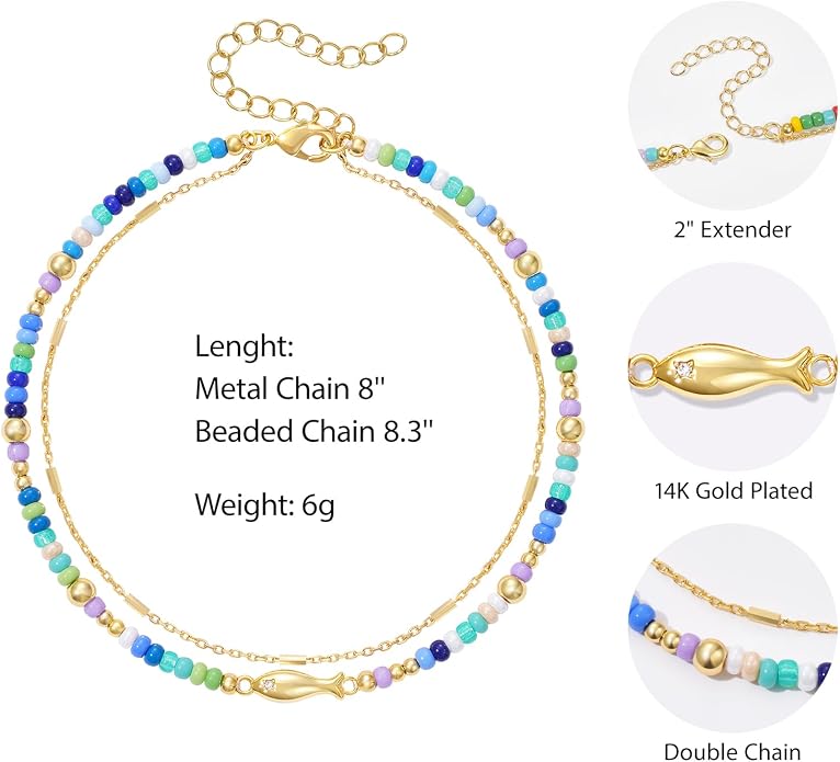 KELORIS PATH Layered Ankle Bracelets for Women, Beaded Anklets with 14K Gold Fish Adjustable Summer Waterproof Handmade Jewelry