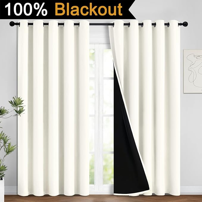 Yakamok Cream 100% Blackout Curtains 96 Inches Long for Bedroom 62" Wide | Blackout Curtain Panels for Bedroom, 2 Thick Layers Grommet Top Thermal Insulated Drapes with Black Liner for Living Room
