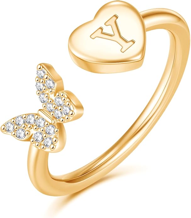 Initial Ring for Women Teens, Gold Plated Butterfly Heart Letter K Open Adjustable Ring, Dainty Alphabet Ring Jewelry Gift for Birthday