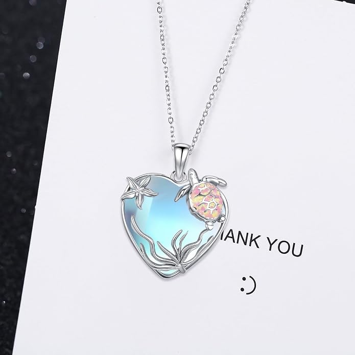 Sea Turtle/Seaweed Necklace for Women 925 Sterling Silver Heart of the Ocean Moonstone Pendant Necklace Turtle Moonstone Jewelry Gift for Wife Mom