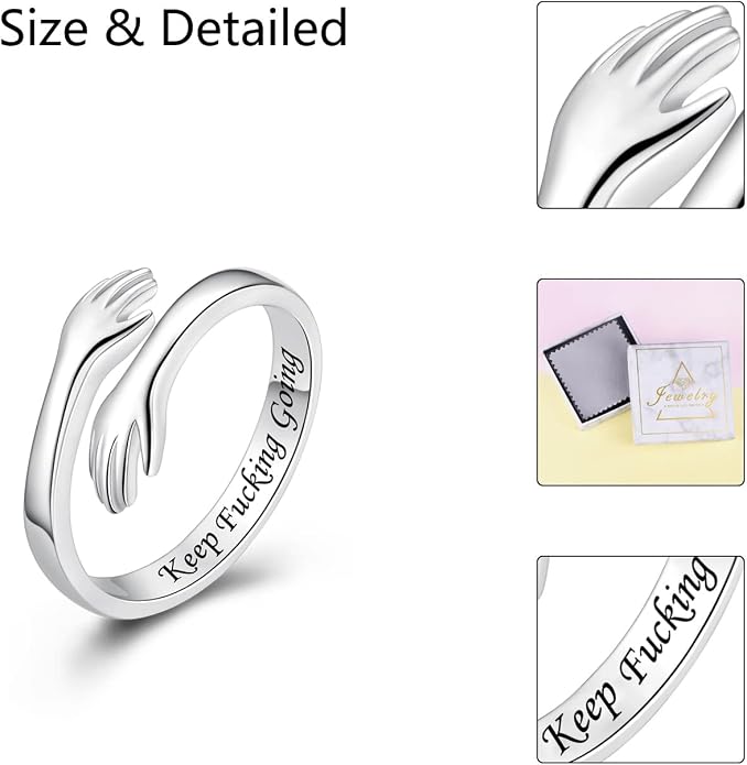 S925 Sterling Silver Hug Rings for Women Teen Girls Adjustable Ring for Granddaughter Daughter Hope Promise Friendship Hand Ring Jewelry for Birthday Graduation Christmas Mothers Day Valentines Gifts