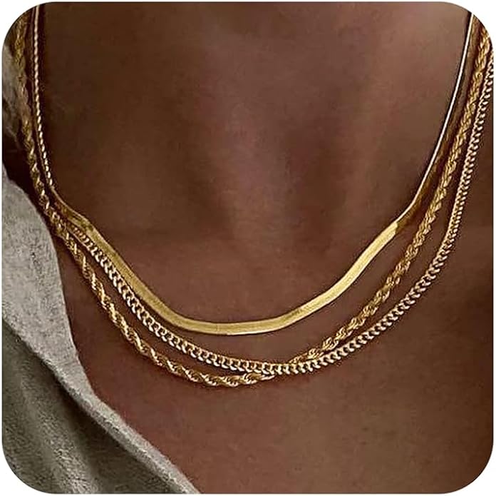 DEARMAY 14K Gold Plated Herringbone Necklaces for Women, Dainty Gold Snake Choker Chain Non Tarnish Trendy Simple Thin & Chunky Options Neckalce 1.5/3/5/6/8mm Chain Jewelry for Gifts