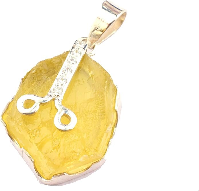 Natural Raw Lemon Quartz Stone Rough Crystal Gemstone Dainty Women Pendant Necklace, Chakra Healing Crystals, Birthstone, Gift, Rhodium Plated 925 Sterling Silver Chain 18 inch