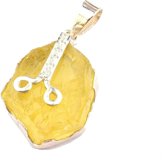 Natural Raw Lemon Quartz Stone Rough Crystal Gemstone Dainty Women Pendant Necklace, Chakra Healing Crystals, Birthstone, Gift, Rhodium Plated 925 Sterling Silver Chain 18 inch