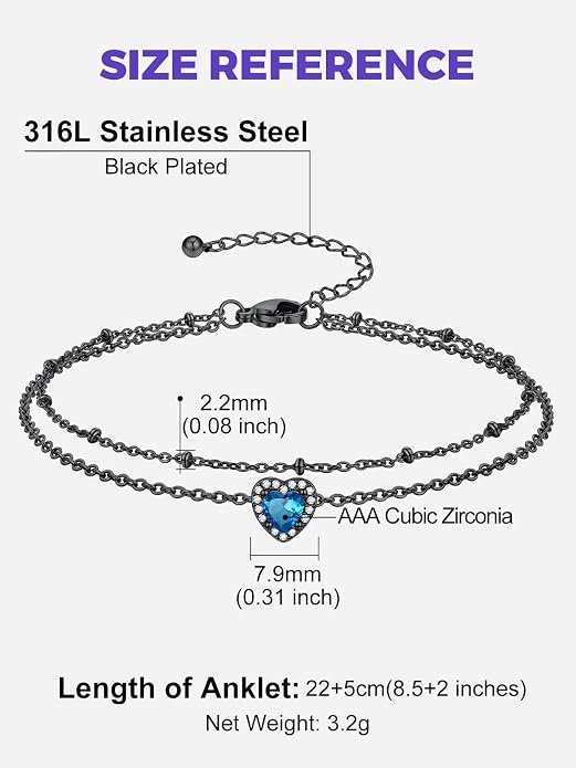 Richsteel Double Layer Heart/Butterfly Birthstone Anklet for Women Non Tarnish Waterproof, Silver/Gold/Black Stainless Steel 8.5-10.5 Inch Adjustable Chain Anklets Jewelry Gifts for Her
