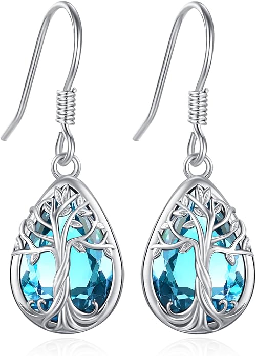 Eusense Sterling Silver Dangle Earrings for Women Tree of Life Animals Moonstone Turquoise Leverback Earrings Jewelry Gifts