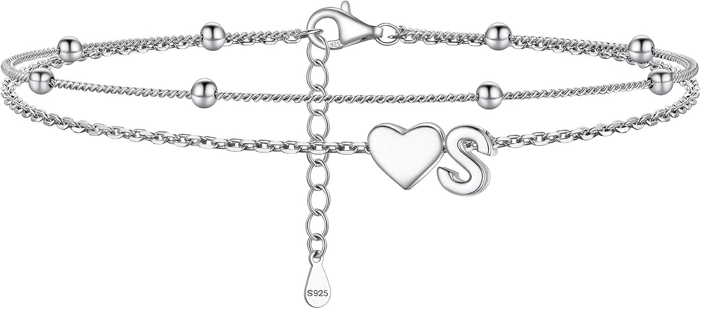PROSILVER Ankle Bracelets for Women S925 Sterling Silver Anklets for Women Waterproof, Dainty Layered Heart Anklet, Beach Initial Anklet for Summer, Letter A-Z