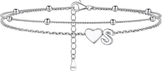PROSILVER Ankle Bracelets for Women S925 Sterling Silver Anklets for Women Waterproof, Dainty Layered Heart Anklet, Beach Initial Anklet for Summer, Letter A-Z