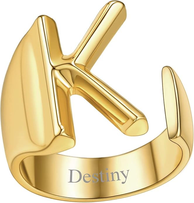 FindChic Customizable Initial Ring Statement 18K Gold Plated Fashion Cuff Rings for Women Alphabet Letter A to Z Resizable Knuckle Ring (with Gift Box)
