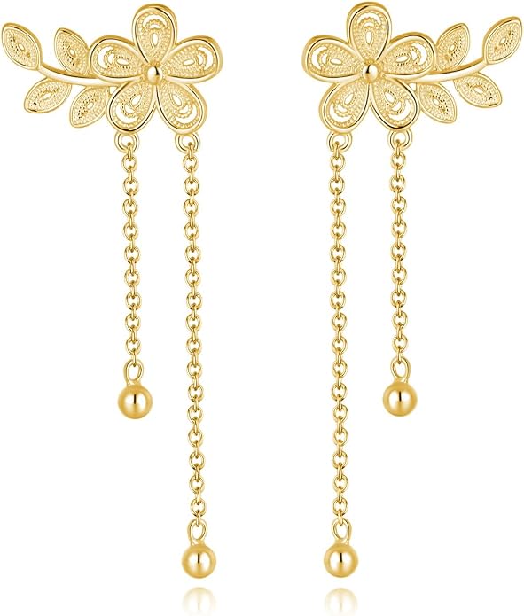 SLUYNZ 925 Sterling Silver Elegant Flower Crawler Earrings Wrap for Women Leaf Climber Earrings Cuff Tassel