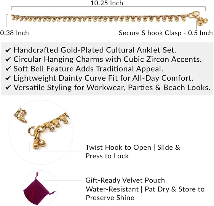 Duel On Jewel Gold Payal Set for Women, Indian Paayal Jhanjar Chain Anklets with Bell Detail, Foot Jewelry Pair, 10 Inch Comfort Fit, Traditional & Dainty Styles for Wedding Beach Everyday Gift