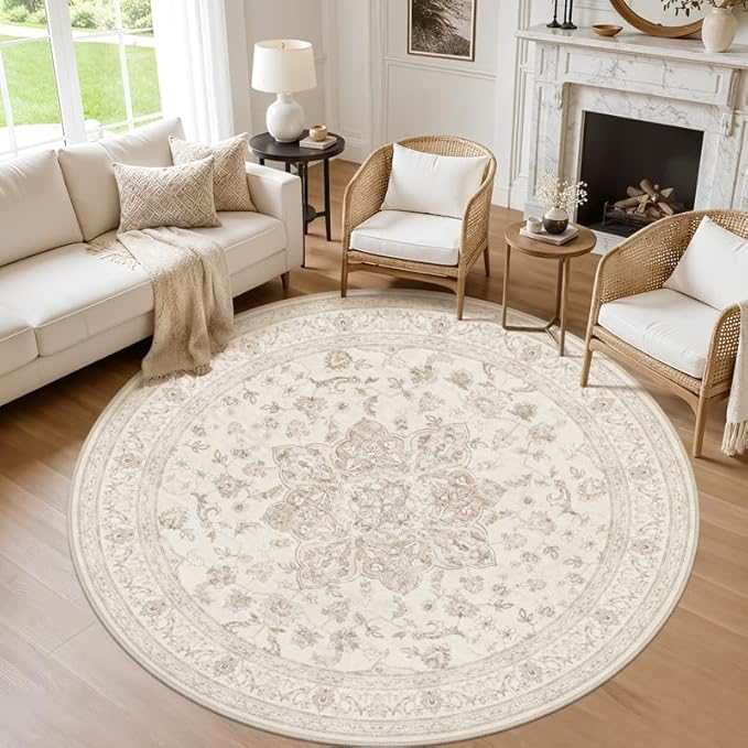 Round Area Rug for Living Room: 8ft Vintage Boho Neutral Washable Circle Rug Soft Large Circular Carpet for Bedroom Nursery Farmhouse Dining Room Office Floor Non-Slip Low Pile Under Table Beige White