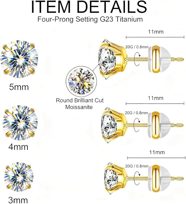 VOJO 3-Pairs G23 Titanium Moissanite Stud Earrings, Hypoallergenic Earrings for Women & Men