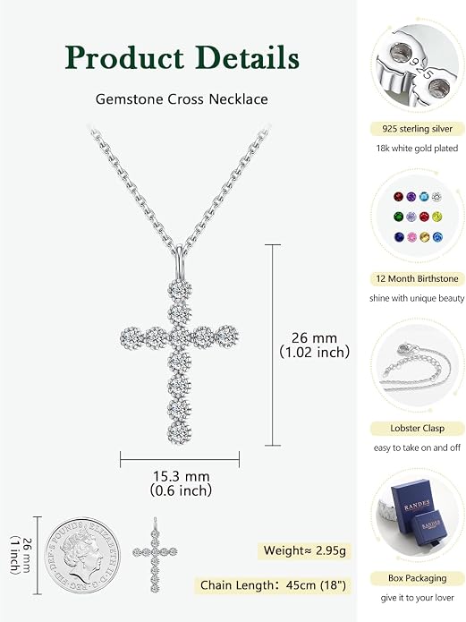 Sterling Silver Cross Necklace for Women Birthstone Religious Jewelry