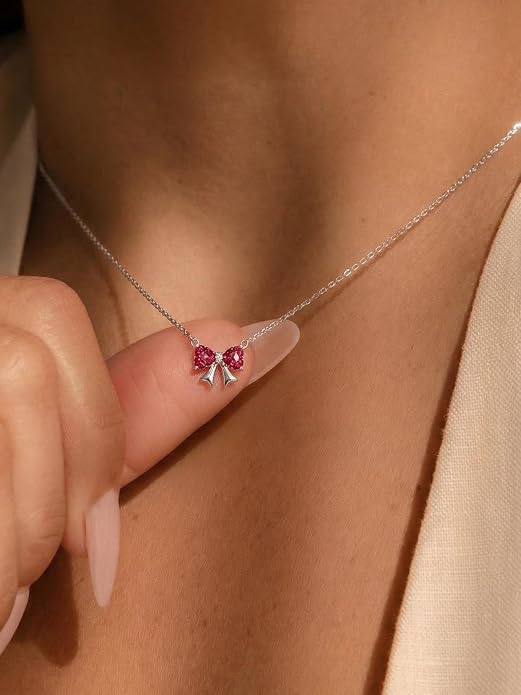 ChicSilver Bow and Cat Birthstone Necklace, 925 Sterling Silver Pendant Necklaces for Women, Hypoallergenic Silver Choker with 16 inch Rolo Chain, 12 Months Jewelry for Valentines Mothers Day Christmas