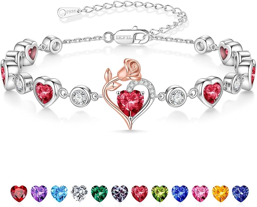 Iefil Birthstone Bracelets for Women - 925 Sterling Silver Rose Heart Charm Bracelets, Anniversary Birthday Gifts for Women Wife Mom Girlfriend Daughter, 6"+2"