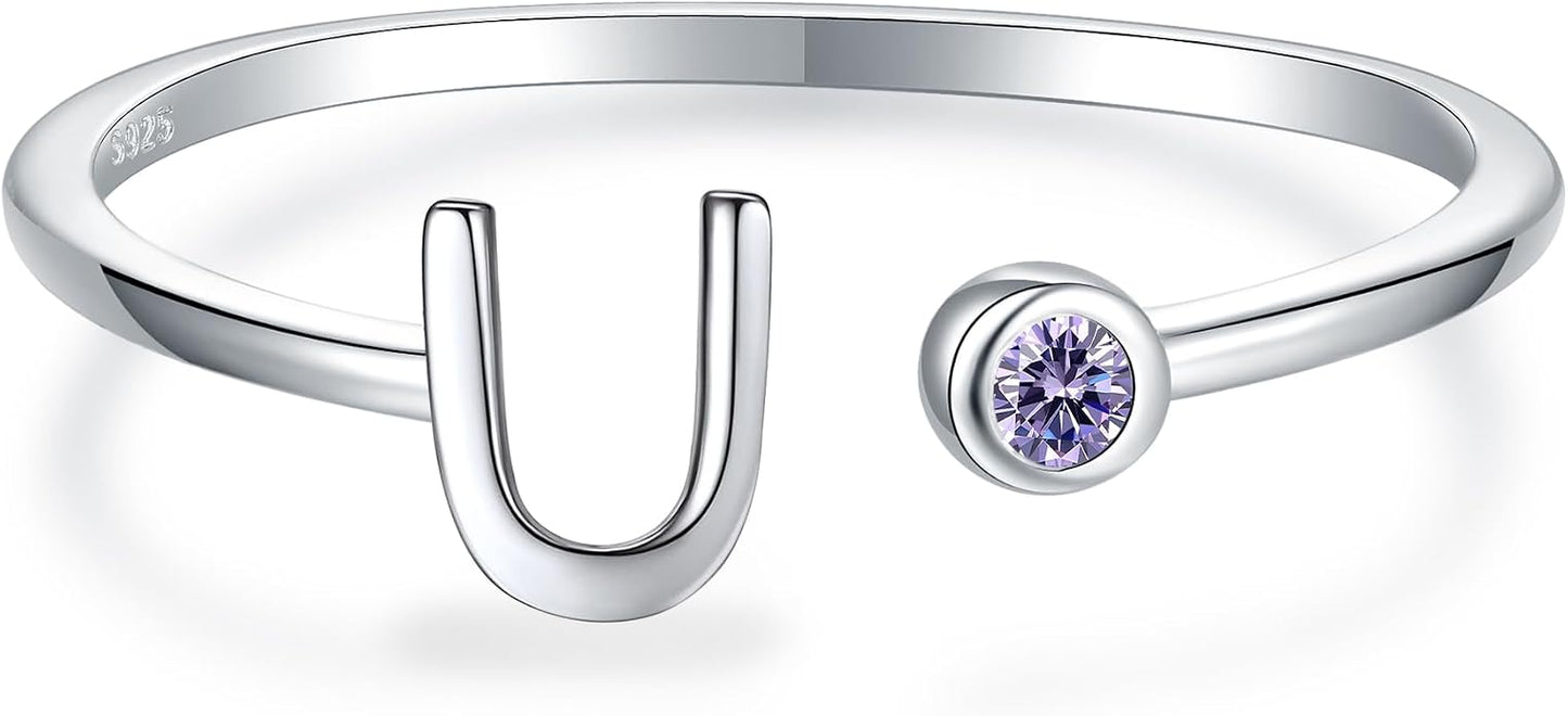 925 Sterling Silver Initial Letter Birthstone Rings for Women Adjustable 1-12 Month Birthstone Alphabet Stacking Ring for Teens Girls Stackable Birthstone Rings Birthday Jewelry Gift for Daughter Mom