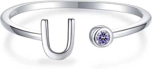 925 Sterling Silver Initial Letter Birthstone Rings for Women Adjustable 1-12 Month Birthstone Alphabet Stacking Ring for Teens Girls Stackable Birthstone Rings Birthday Jewelry Gift for Daughter Mom