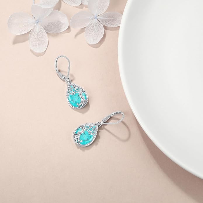 Odinstone 925 Sterling Silver Earrings Tree of Life Teardrop Moonstone Dangle Drop Leverback Earrings for Women