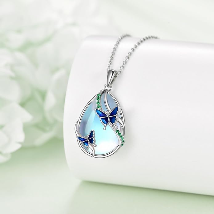 KQF Dragonfly/Butterlfy/Cat/Jellyfish/Bunny/Axolotl/Bee/Mermaid/Hummingbird/Elephant Necklace for Women Sterling Silver Moonstone Pendant Necklace Dragonfly Jewelry Gifts for Women