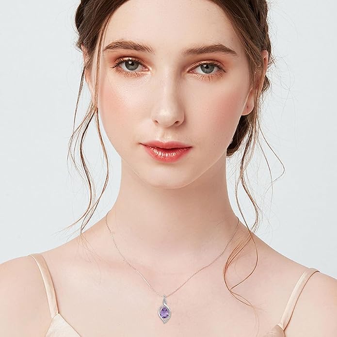 Natural Amethyst Necklace for Women 925 Sterling Silver Purple February Teardrop Birthstone Pendant Jewelry Birthday Gifts for Mom Women