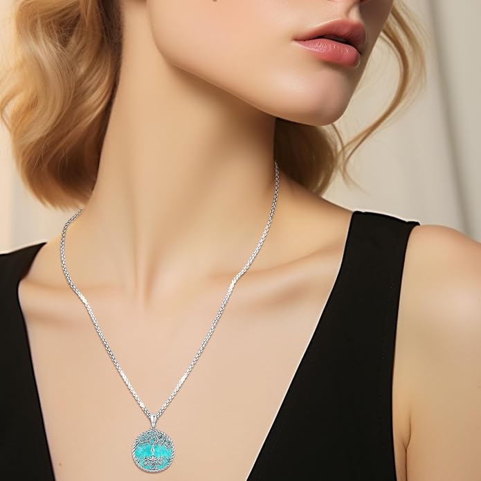 Tree of Life Necklace for Women Sterling Silver Celtic Moon Tree Moonstone Turquoise Pendant Heart Family Tree Necklace for Mother Daughter Sister Gifts