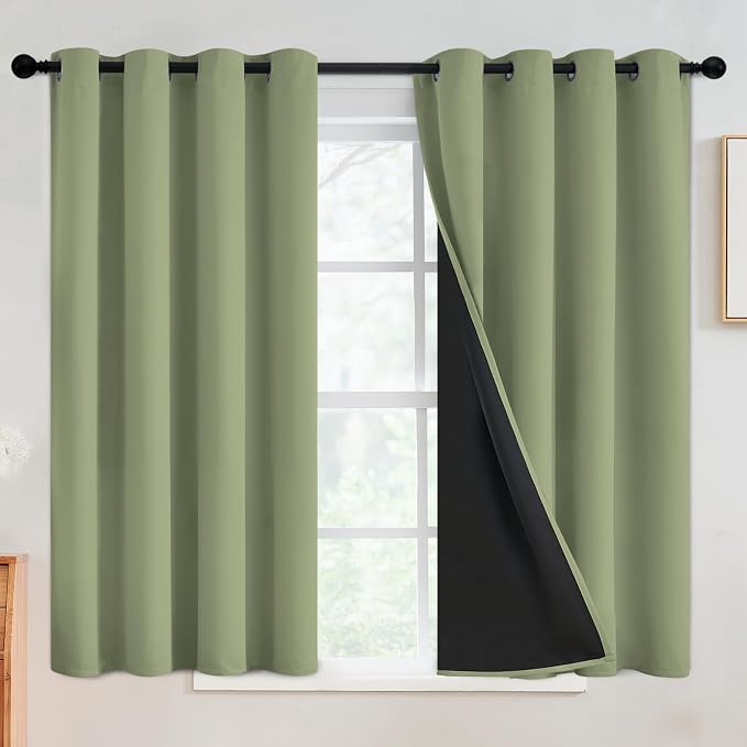 SimpleHome Sage 100% Blackout Curtains Room Darkening Living Room 45 Inch | Curtains for Bedroom,Thermal Insulated Grommet Window Drapes,Curtains for Living Room with Black Back,52 x 45 Inch,2 Panels
