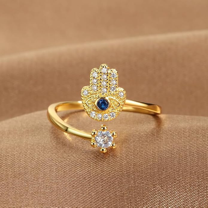 Hamsa Hand Evil Eye Ring for Women, Evil Eye Hamsa Hand of Fatima Ring Blue Cubic Zirconia Inspirational Turkish Eye Ring Hamsa Hand Jewelry Set Gifts Valentine Day Chrismtas Gifts