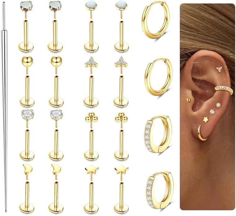 Sanfenly Threadless Flat Back Earrings Studs 316L Surgical Steel Cartilage Earrings for Women Men Push in Nose Rings Studs 20G 18G 16G CZ Opal Tragus Helix Conch Lip Labret Medusa Nostril Piercing Jewelry Hypoallergenic