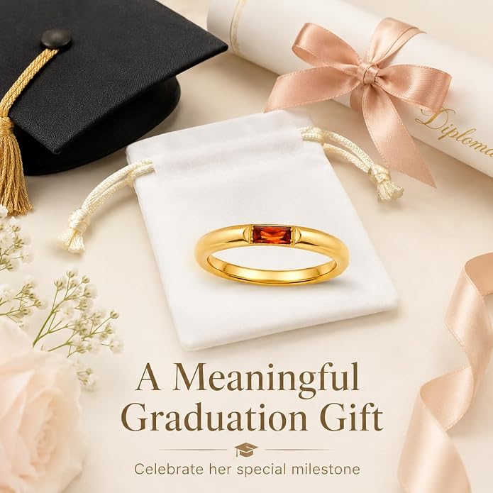 Birthstone Rings for Women, 18K gold plating stainless steel Dainty Stackable Rectangular Cubic Zirconia Birth Stone Ring To My Daughter/Mom Birthday Unique Gifts Jewelry