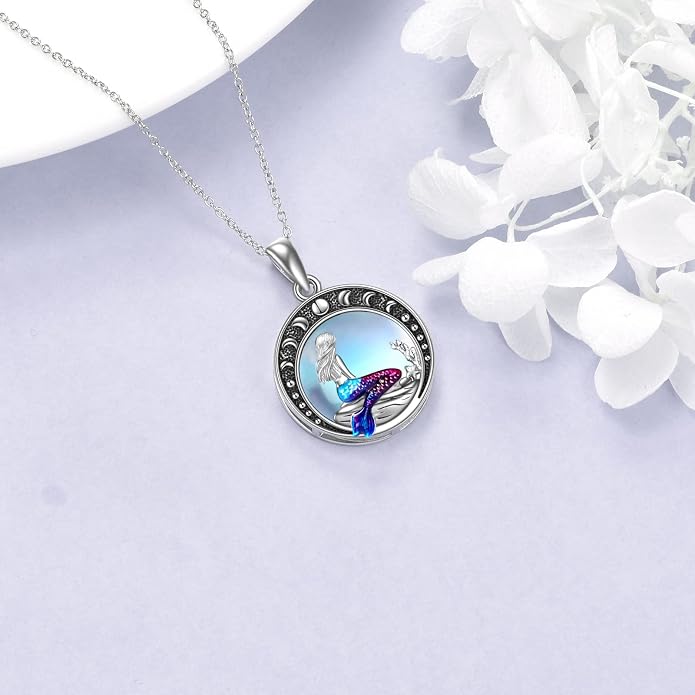 LUHE Mermaid Necklace Jewelry Gifts Sterling Silver Sea Mermaid Crescent Moon and Star Necklace with Flower Pendant Birthday Gifts for Daughter Women
