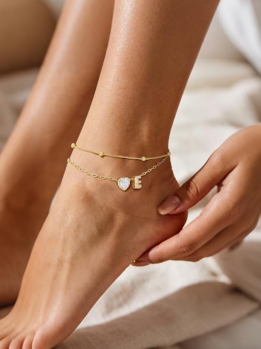 FindChic Silver/14K Gold Plated Layered CZ Initial Ankle Bracelet for Women | Waterproof Stainless Steel, Cubic Zirconia Letter Charm, Non-Tarnish, Hypoallergenic, Adjustable Extender, Summer Jewelry
