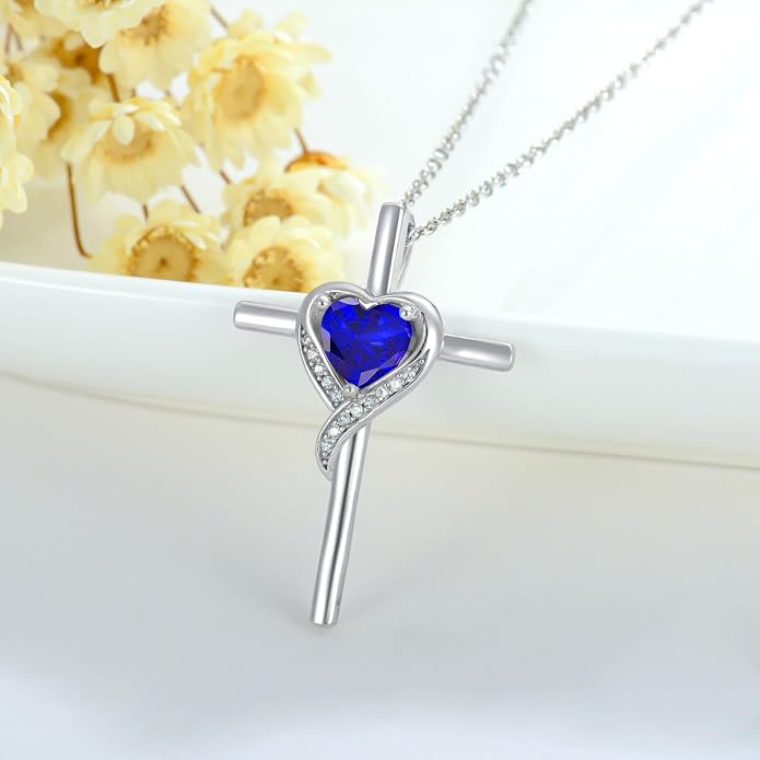 TOUPOP Birthstone Cross Necklace for Women 925 Sterling Silver Heart Cross Pendant Necklace Mothers Day Birthday Jewelry Gifts for Mom Wife Her