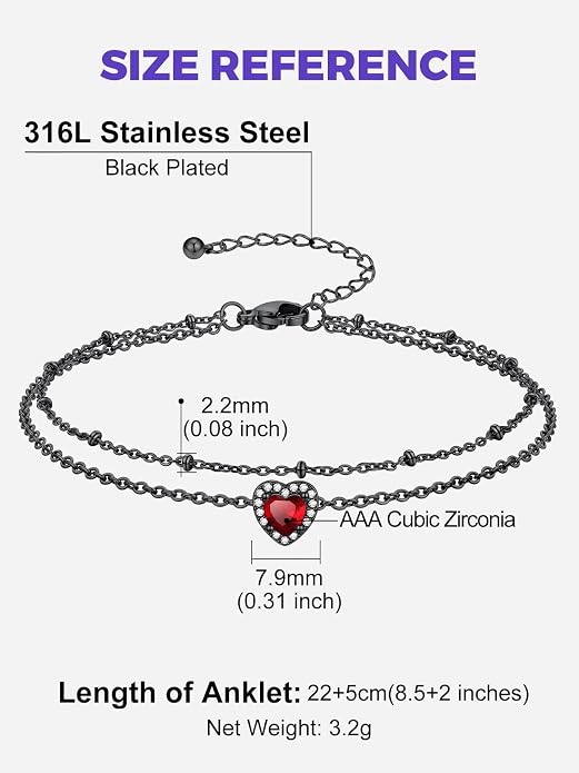Richsteel Double Layer Heart/Butterfly Birthstone Anklet for Women Non Tarnish Waterproof, Silver/Gold/Black Stainless Steel 8.5-10.5 Inch Adjustable Chain Anklets Jewelry Gifts for Her