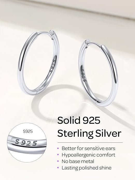 ChicSilver Sterling Silver Hoop Earrings for Women Hypoallergenic 925 Sterling Silver Huggie Earrings for Women Dainty Earring (8/10/12/14/16/18/20MM)