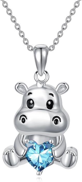 PROESS Animal Birthstone Necklace 925 Sterling Silver Otter/Axolotl/Hippo/Elephant/Dachshund/Monkey/Red Panda Pendant Necklace Animal Birthstone Jewelry Gifts for Women