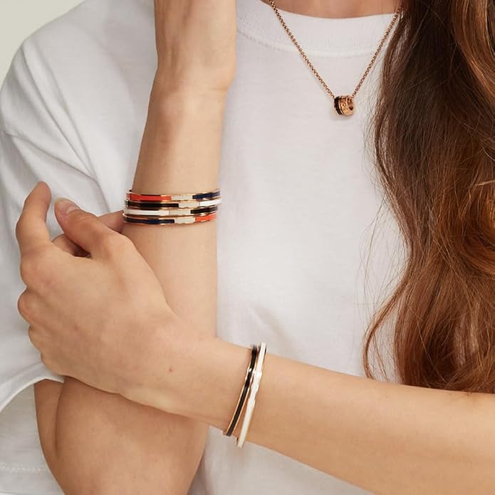 Minimalist Stainless Steel Cuff Bangle Bracelet for Women & Men – Adjustable Enamel Slim Oval Bracelet, Simple Everyday Jewelry Gift Box (Solid BR)