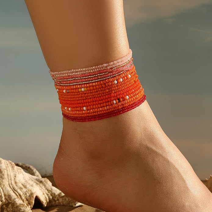 Fuqimanman2020 18Pcs Boho Stackable Beaded Bracelets for Women Colorful Handmade Multilayered Rice Beads Anklets Set Summer Beach Bohemian Jewelry Gift